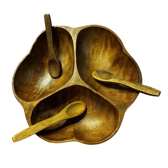 Home Decor Other - Carved wood 3-section snack serving tray bowl & matching mini wooden spoons set